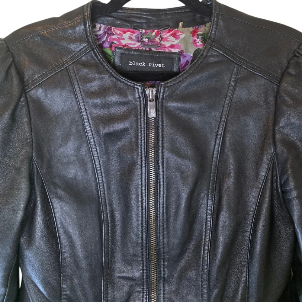 BLACK RIVET Black Leather Jacket Tailored Peplum - Size Small - Picture 3 of 11
